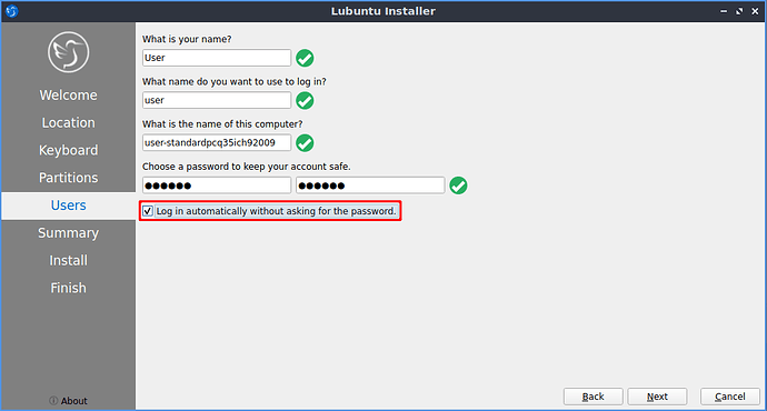 The Users screen of the Calamares installer, with the autologin checkbox highlighted.